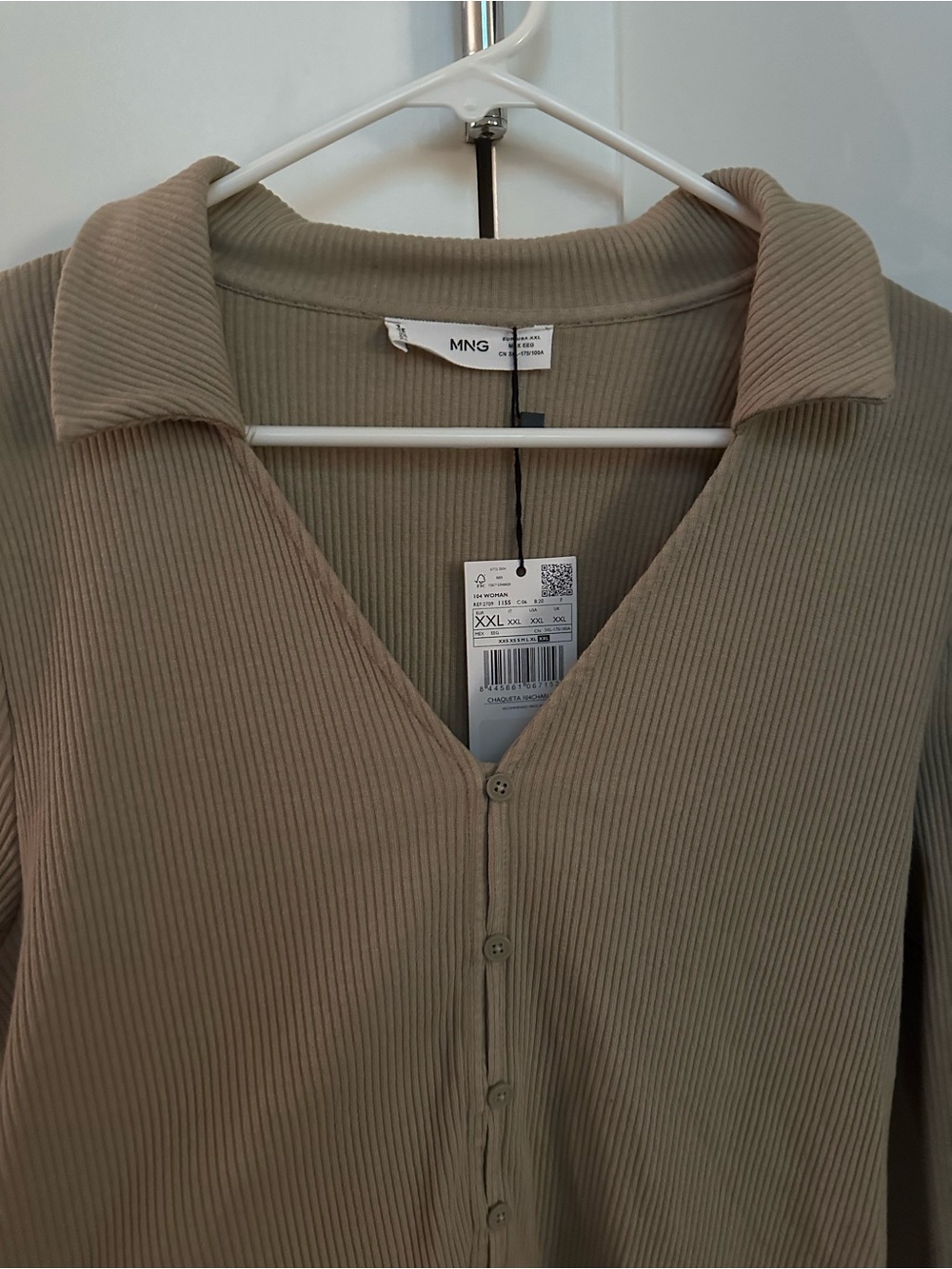 🆕 Mango Ribbed Button-Front Collared Top — Beige Taupe - Picture 3 of 4